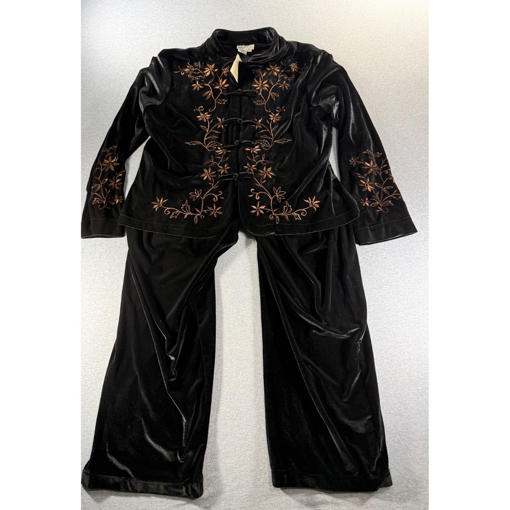 Vintage Coldwater Creek Velvet 2 Pc Set Black Embroidered Mandarin Jacket L NWT